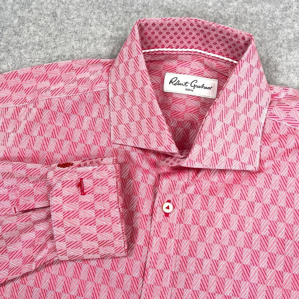 Robert Graham Shirt Mens 39 15.5 Med Pink Geometric Flip Cuff Collar Loud Bold